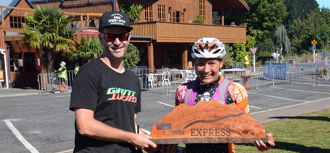 RE17 58km MTB female winner with trophy and Tim Farmer_1092x508